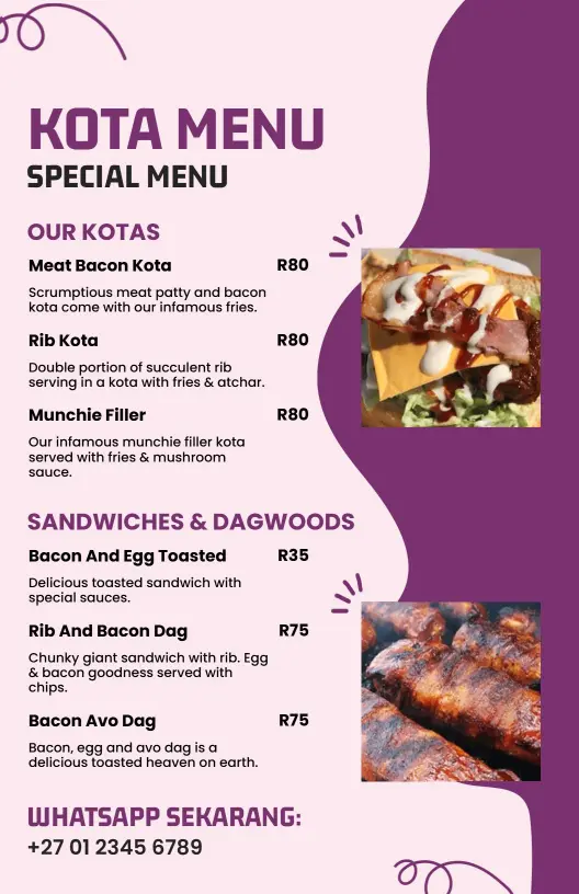 Modern Purple-Themed Special Kota Menu Template
