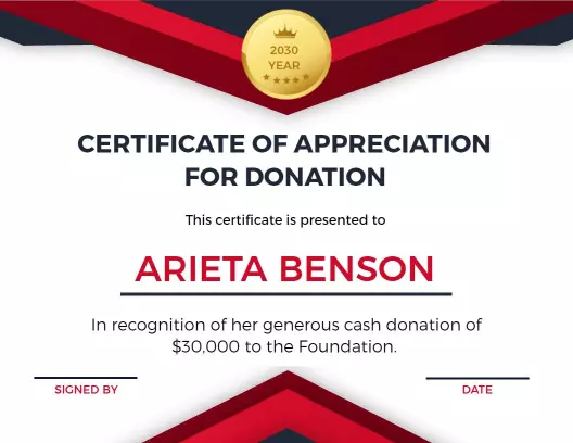 Modern Red and Gold Donation Appreciation Certificate Template