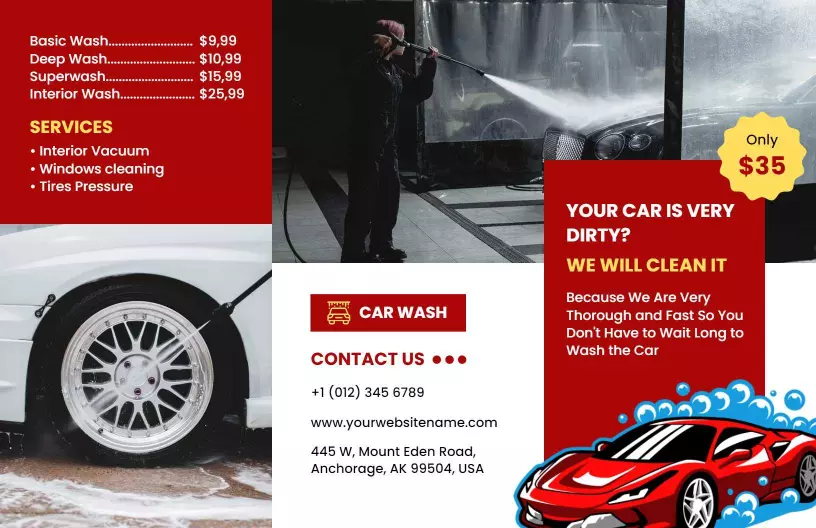 Modern Red Car Wash Services Pricing and Contact Brochure Template