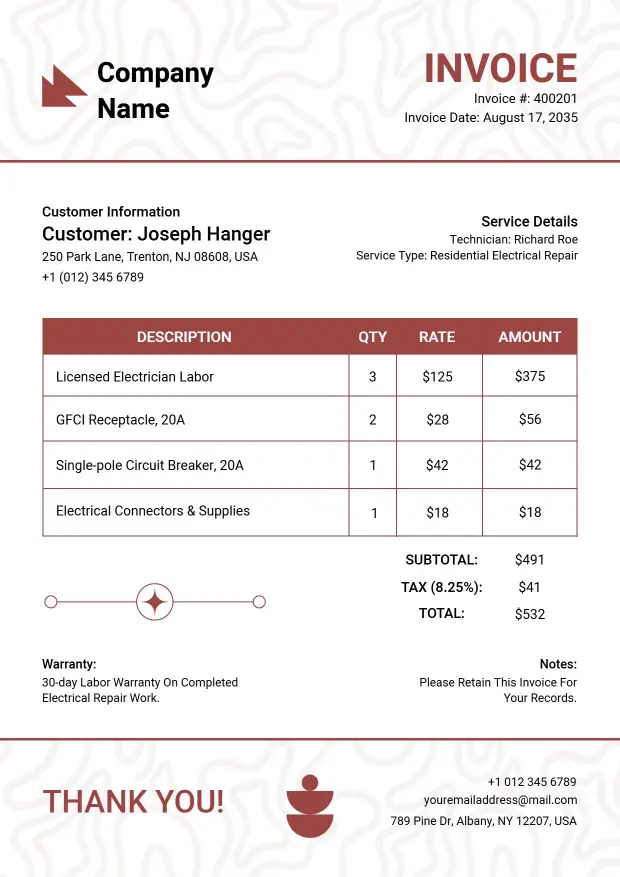Modern Residential Electrical Repair Company Invoice Template