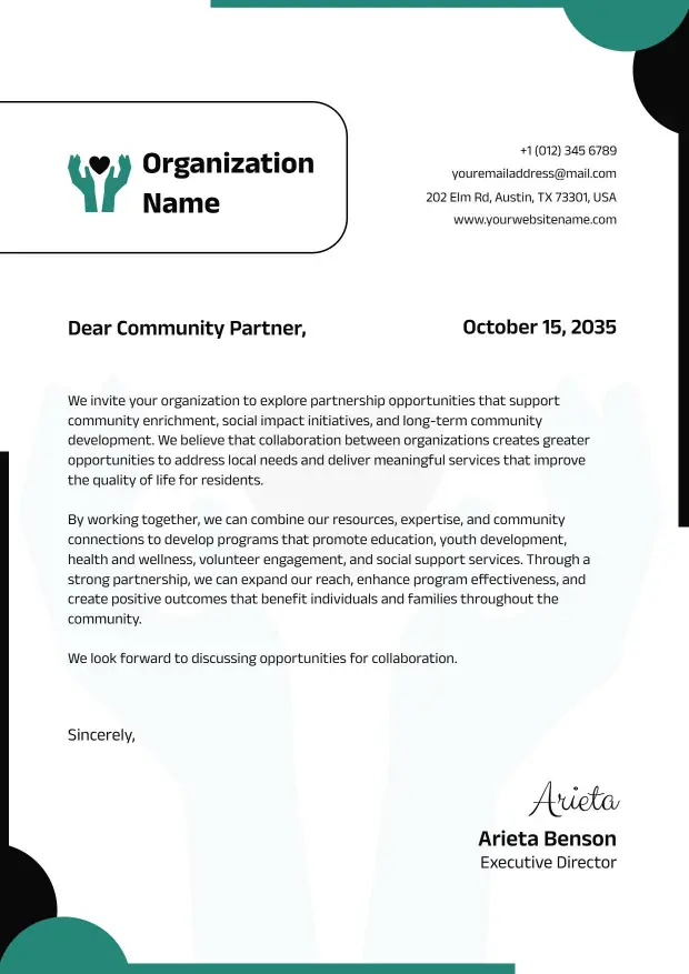 Modern Teal and Black Nonprofit Partnership Letterhead Template