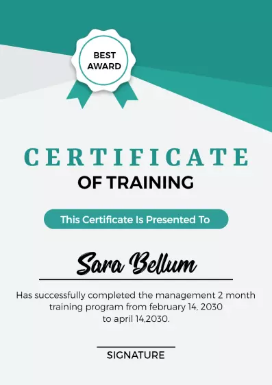 Modern Teal and White Award for Training Completion Certificate Template