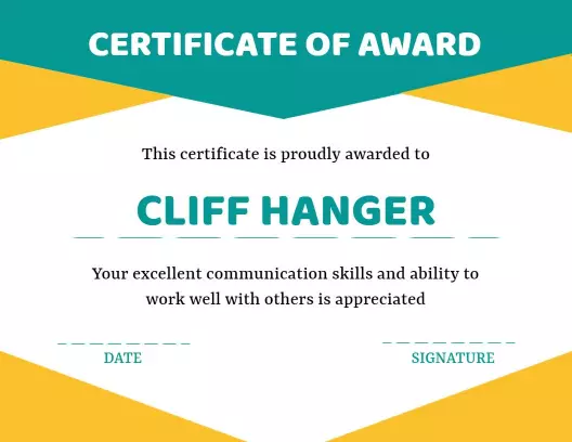 Modern Teal and Yellow Communication Skills Award Certificate Template