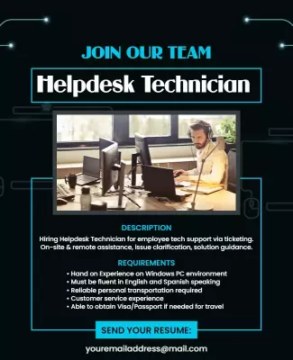 Modern Teal Helpdesk Technician Recruitment Job Poster Template