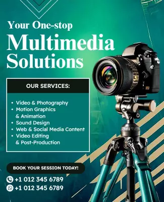Modern Teal Multimedia Solutions Service Advertising Poster Template