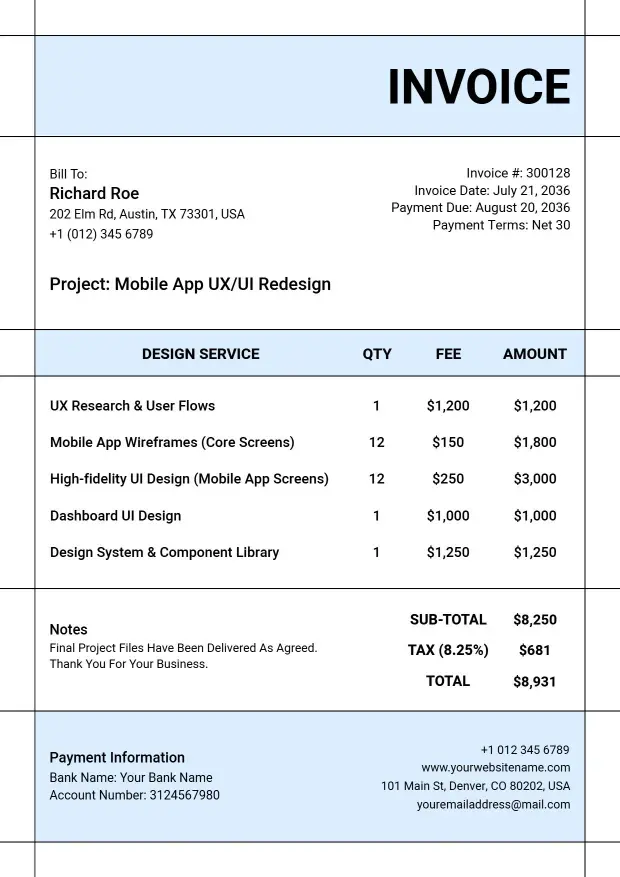 Modern UX UI Redesign Project Billing for Freelancers Invoice Template