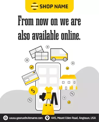 Modern Yellow Online Shopping Availability Announcement Flyer Template