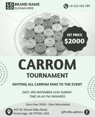 Monochrome Fun Carrom Tournament Invitation Poster Template
