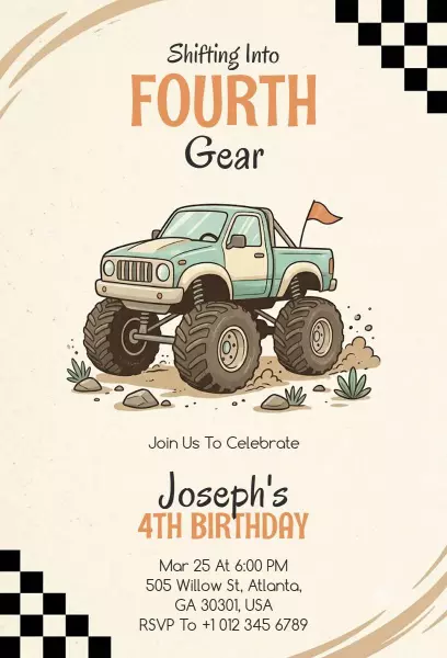 Monster Truck Fourth Birthday Celebration Adventure Invitation Template