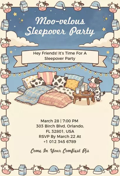 Moo-velous Cow Theme Cozy Sleepover Party Invitation Template