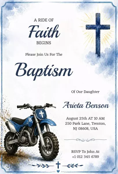 Motorcycle Themed Daughter Baptism Celebration Invitation Template