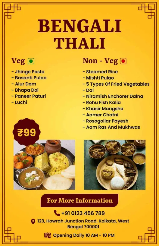 Mouthwatering Bengali Thali Featuring Diverse Indian Cuisine Menu Template