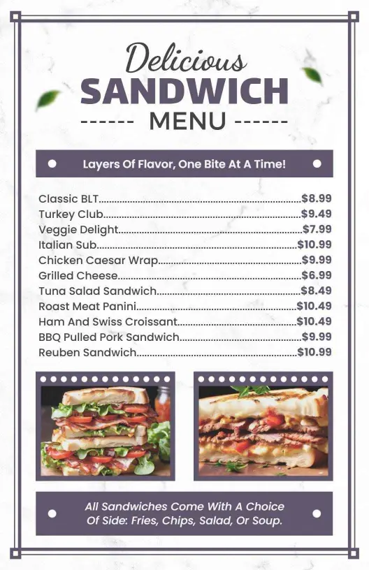 Mouthwatering Classic and Gourmet Options Sandwich Menu Template
