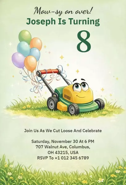 Mowing Lawn Theme Colorful 8th Birthday Celebration Invitation Template