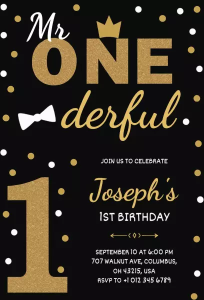 Mr. One-derful Black Gold 1st Birthday Invitation Template