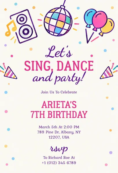 Music and Dance 7th Birthday Celebration Invitation Template