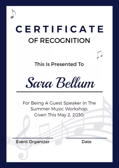 Musical Theme Elegant Recognition Guest Speaker Certificate Template