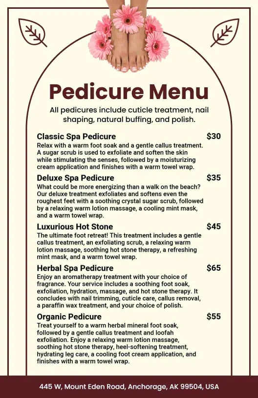 Natural Brown Elegant Foot Care Pedicure Menu Template