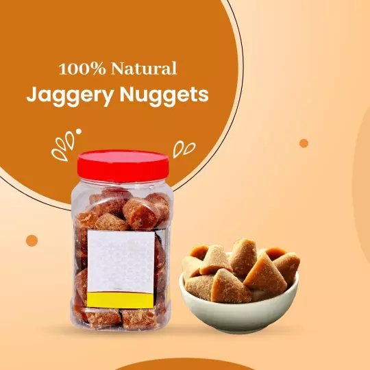 Natural Brown Jaggery Nuggets in Jar with Bowl Ad Template