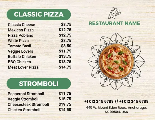 Natural Wooden Texture and Green Pizza Bi-Fold Menu Template