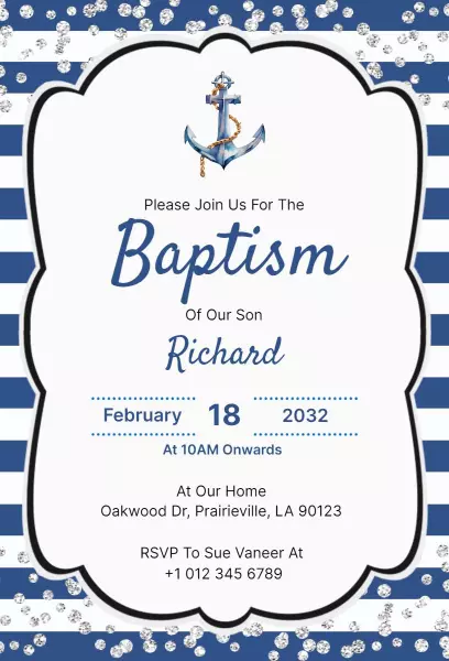 Nautical Anchor Themed Son's Baptism Invitation Template