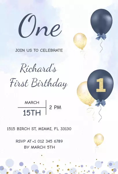 Nautical Blue Gold Balloon 1st Birthday Celebration Invitation Template