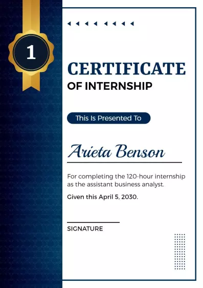 Navy Blue Elegant Assistant Business Analyst Internship Certificate Template
