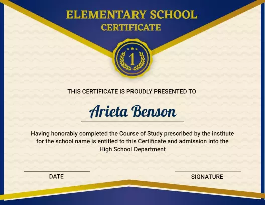 Navy Blue Elegant Elementary School Completion Certificate Template