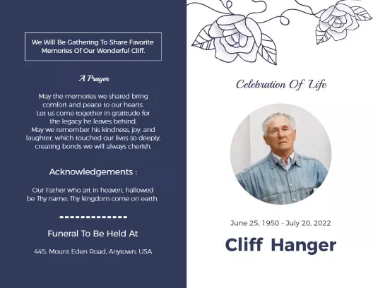 Navy Blue Floral Celebration of Life Funeral Brochure Template