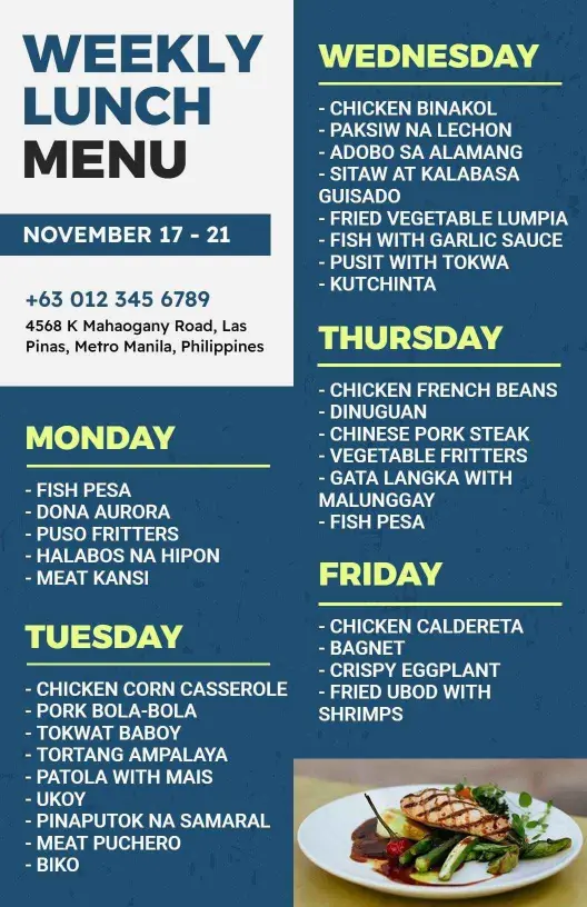 Navy Blue Themed Weekly Lunch Menu Template