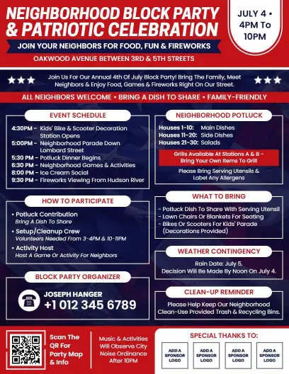 Neighborhood Block Party & Patriotic Celebration Flyer Template