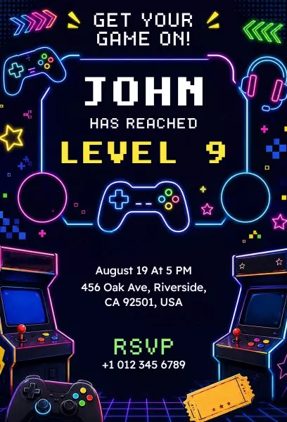 Neon Arcade Game Level 9 Birthday Celebration Invitation Template