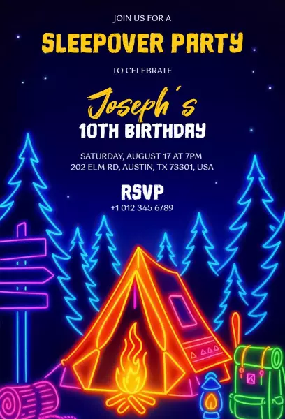 Neon Camping Adventure Sleepover Party Invitation Template