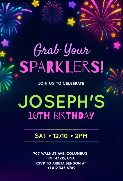 Neon Colorful Sparkler Birthday Celebration Invitation Template