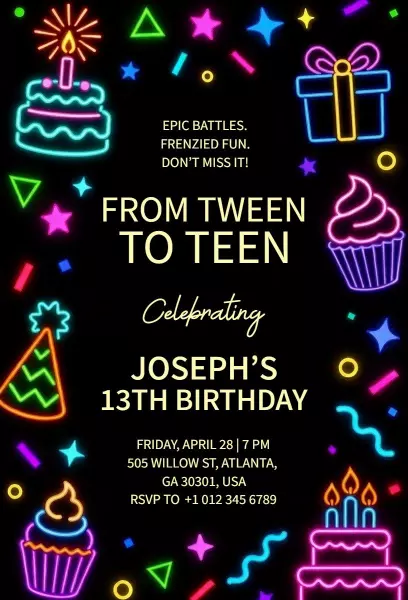 Neon Colorful Tween to Teen Birthday Celebration Invitation Template