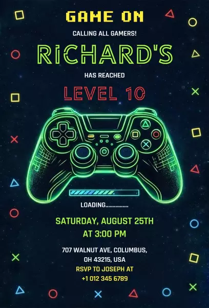 Neon Gaming Level 10 Birthday Celebration Invitation Template
