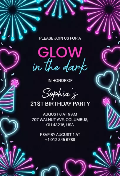 Neon Glow Dark 21st Birthday Celebration Invitation Template
