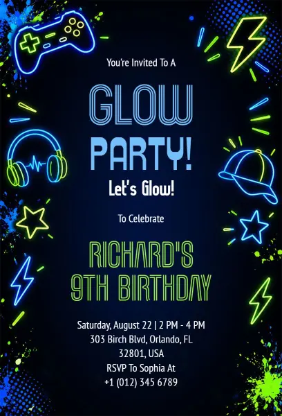 Neon Glow Gaming Birthday Party Invitation Template