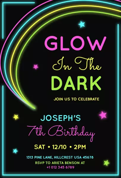 Neon Glow in the Dark 7th Birthday Celebration Invitation Template