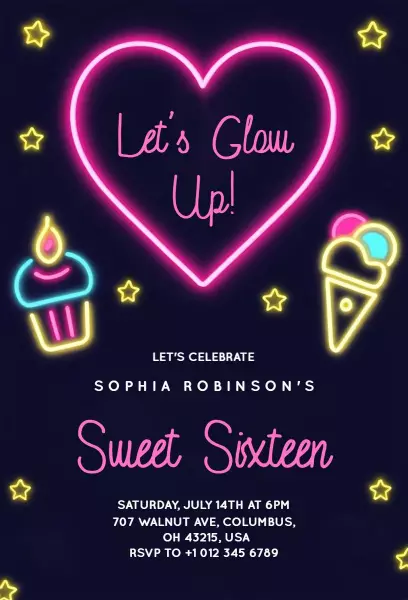 Neon Glow Sweet Sixteen Birthday Celebration Invitation Template