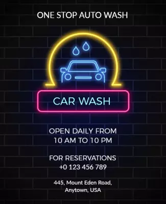 Neon Illuminated Car Wash Service Poster Template