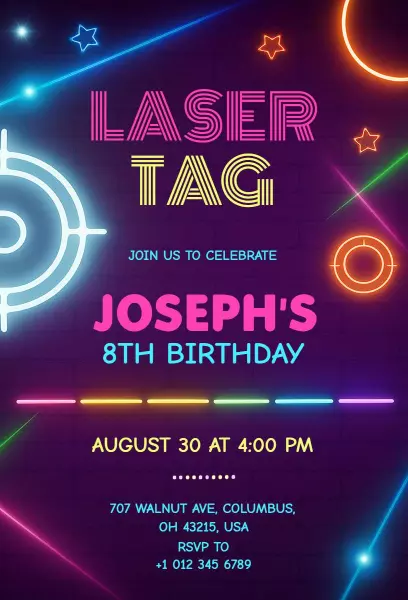 Neon Laser Tag 8th Birthday Celebration Invitation Template