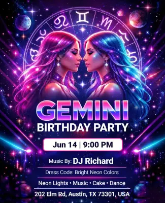Neon Lights Gemini Zodiac Birthday Party Flyer Template