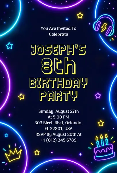 Neon Lights Themed 8th Birthday Party Invitation Template