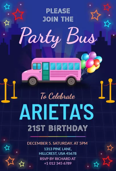 Neon Party Bus 21st Birthday Celebration Invitation Template