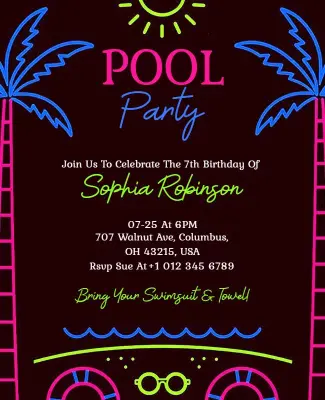Neon Pool Party Birthday Invitation Flyer Template
