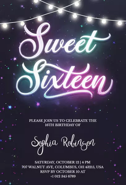 Neon Sweet Sixteen Glow Party Birthday Invitation Template