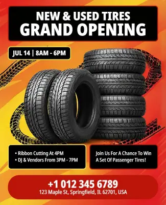 New and Used Tire Store Grand Opening Event Flyer Template
