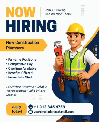 New Construction Plumber Hiring Flyer Template