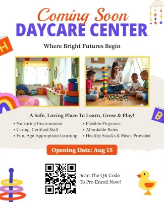 New Daycare Center Coming Soon Announcement Flyer Template